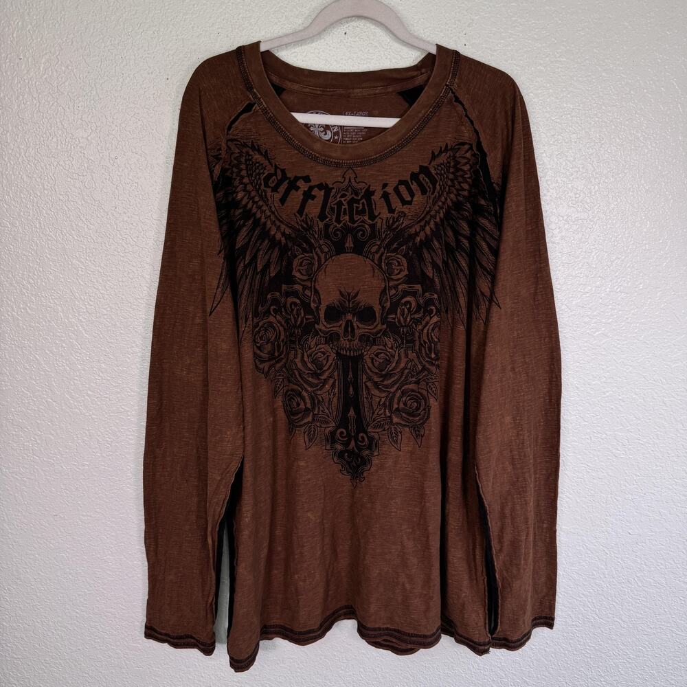 Affliction Shirt Men 4XL Skull Wings Cross Long Sleeve Gothic Biker Y2K Brown 4X